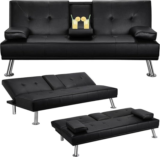 Convertible Folding Futon Sofa Bed with Metal Legs &amp 2 Cupholders Modern New Upholstered Couch Loveseat Sleeper Folding Couches Bed Removable Armrests for Small Spaces (Black)