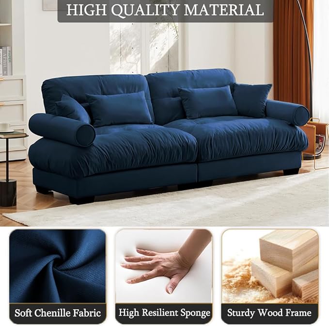 Luxury Loveseat Sofa CouchOversized Love seat Sofas with Waist Pillows and Throw PillowsComfy Velvet Deep 2-Seat Cloud Couch with Bolstered ArmrestsComfy Cloud Couches (Blue 93.7”)
