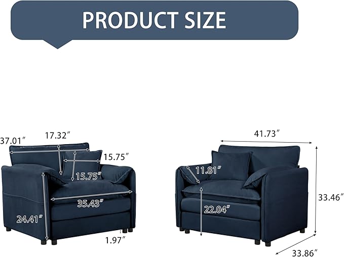 KEIKI Oversized Accent Chair Set of 2 Chenille Deep Seat Single Sofa Chairs with Side Pockets Modern Upholstered Armchair for Bedroom Living Room Apartment Blue