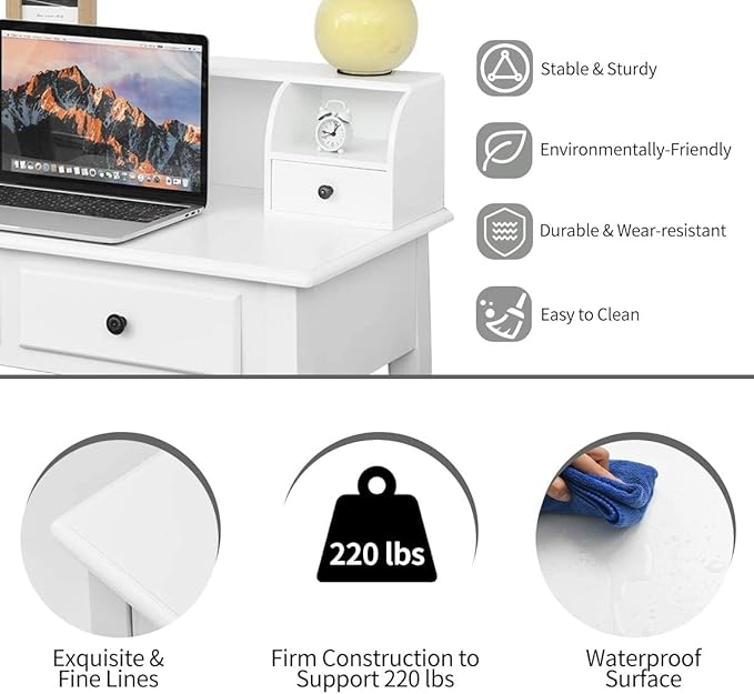 Giantex Writing Desk with 4 Drawers Removable Floating Organizer 2-Tier Mission Home Computer Vanity Desk for Apartment Small Space White