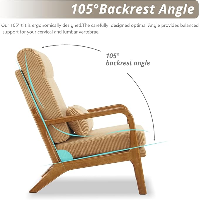 Karl home Mid-Century Modern Accent Chair Living Room Chairs with Pillow High Back Corduroy Upholstered Lounge Armchair with Solid Wood Frame &amp Soft Cushion for Bedroom Reading Room Khaki