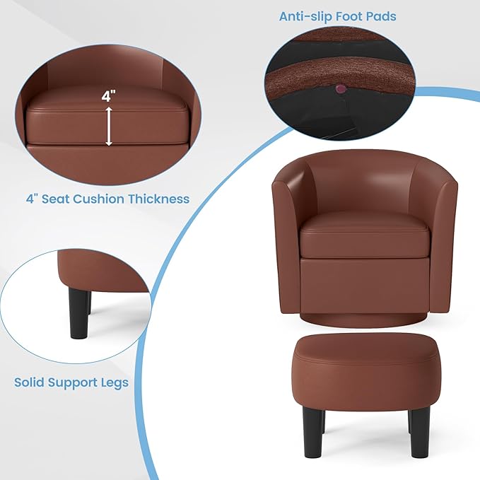 Giantex Swivel Small Accent Chair with Ottoman Modern Faux Leather Barrel Club Chair w/Footrest Removable Seat Cushion Swivel Single Sofa Arm Chair for Living Room Bedroom Office (Brown)