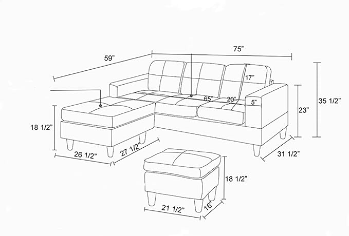 FONTOI L Shaped Sofa with Ottoman Modern Faux Leather Couch with Chaise 3 Seat Living Room Sofa Set with Solid Wood for Home Apartment Study Room Brown Grey