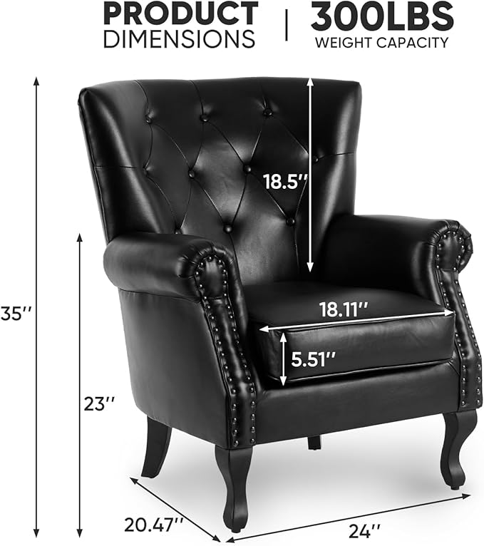 MOJAY PU Leather Accent Chair Set of 2 Modern Armchair Living Room Chair Upholstered Club Chair with Rivet Trim Mid-Century Sofa Chair with Sturdy Wood Legs for Bedroom (Black)
