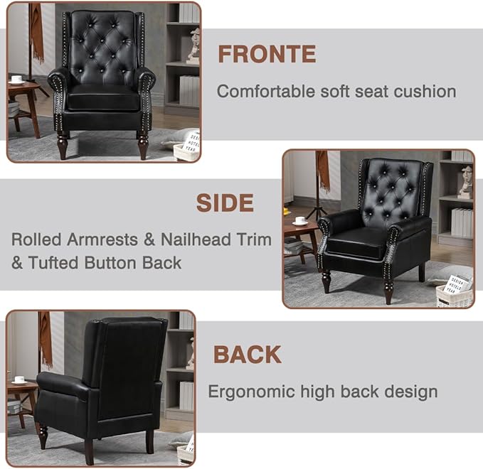 Wingback Chairs Set 2Mid Century PU Leather Accent Chair with Sturdy Wood Legs and High Back Single Sofa Club Armchair Chair for Living RoomBedroomOfficeBlack