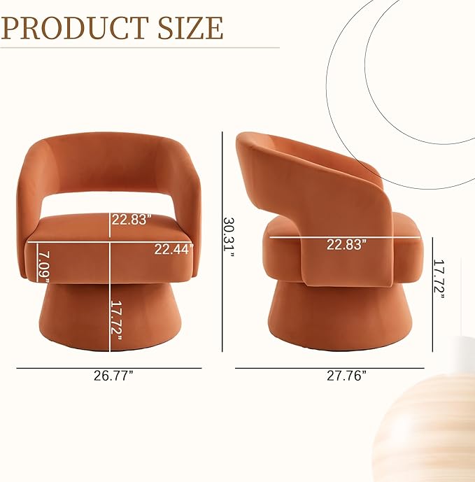 360 Degree Swivel Barrel Chair for Living Room Orange Velvet Accent Armchair with Open Back Modern Comfy Reading Chair for Bedroom Cloud Boho Chairs for Office Club Lobby (Orange)