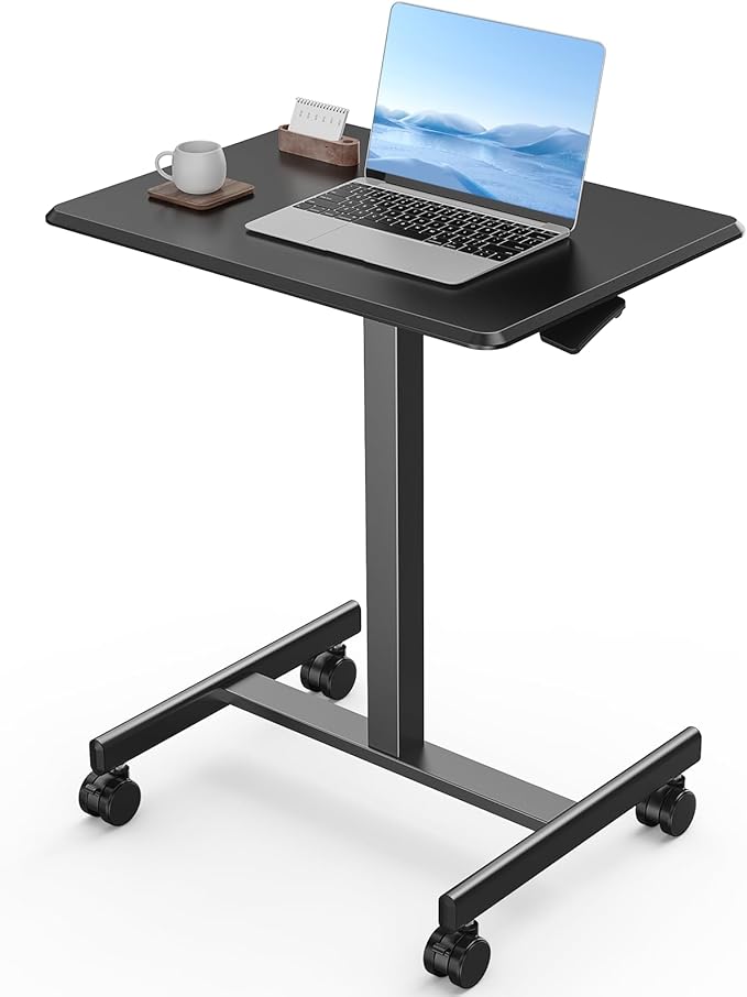 Rolling Laptop Stand Small Standing Desk with Wheels Adjustable Height Rolling Table with Metal Base Lockable Catsers Computer Rolling Table for Couch Home Office 25.7'' × 19'' Black
