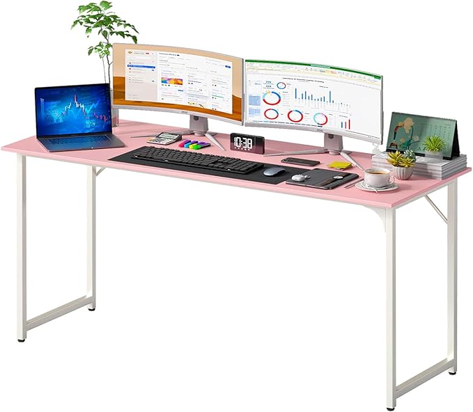Bigacc Computer Desk Office Desk with Metal Frame Adjustable Feet | Water-Resistant Scratchproof Surface | Sturdy Writing Table for Home Office or Study (Pink 63 Inch)