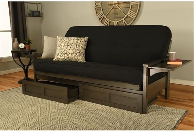 Kodiak Furniture Alamosa Full Size Futon Frame with Storage Drawers - Wood Sofa Sleeper Frame with Mattress Included in Canton Black Color