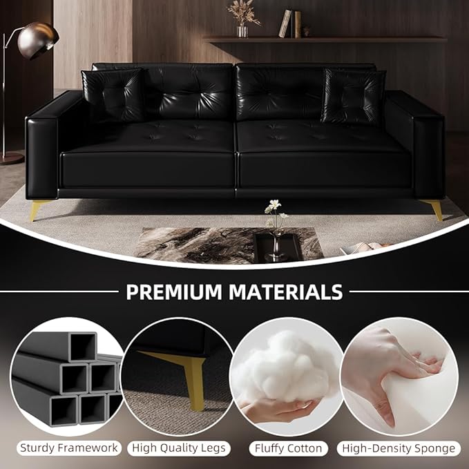 KEIKI 92.1 King Size Pull Out Sofa Bed 3-in-1 Faux Leather Convertible Sleeper Clouch with 2 Pillows 4-Seater Sofa Bed for Living Room Apartment Office Black