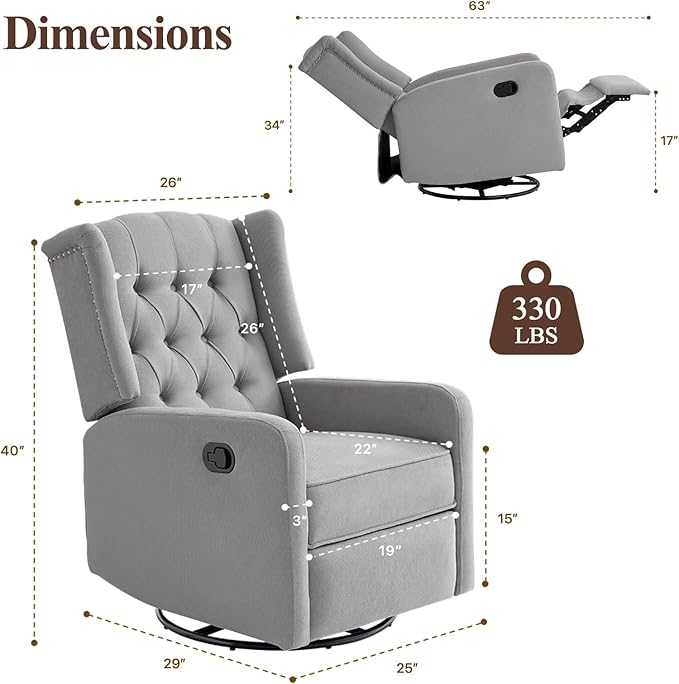 360 Swivel Rocker Recliner Chair for Adults Nursery Chair for Small Spaces Living Room Upholstered Fabric Glider Recliner Grey