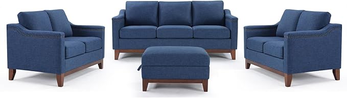 Modern 4 Piece Sofa Set with Rivets Included Chenille Loveseat 2-Seater Couches Set of 2 Upholstered 3 Seater Couches with Solid Wood Legs Storage Ottoma Living Room Furniture SetBlue
