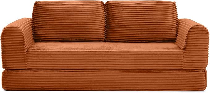 82 Corduroy Convertible Boneless Couch with Pull-Out Bed 2 in-1 Folding Convertible Sofa Bed with Pillows Loveseat Floor Sofa Couches for Living Room No Assembly Required (Orange) | Breathable Mat