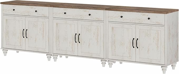 WAMPAT Farmhouse TV Stand for 100 Inch TV 3-in-1 TV Console Table for 75/85/90/100 Inch TV Entertainment Center with 3 Drawers and 6 Doors Kitchen Sideboard Buffet Cabinet Rustic White