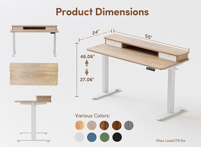 CubiCubi 55 x 24 Inch Electric Height Adjustable Standing Desk with Double Drawers 4 Adjustable Feet &amp 2 Hooks Home Office Computer Workstation Maple