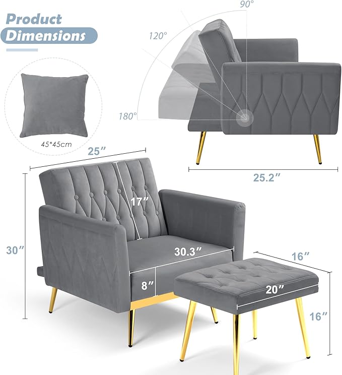Velvet Accent Chair with Adjustable Backrest and Armrests Single Recliner Armchair with Ottoman and Golden Mental Legs for Living Room Bedroom and Waiting Room Grey