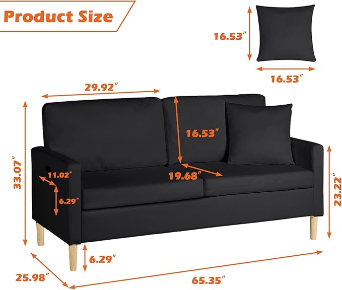 AILEEKISS 66 W Loveseat Sofa with 2 USB Mid Century Modern Love Seats PU Leather Furniture Tufted Upholstered Love Seat Couch for Living Room Office Apartment Bedroom (3-Seater Black)