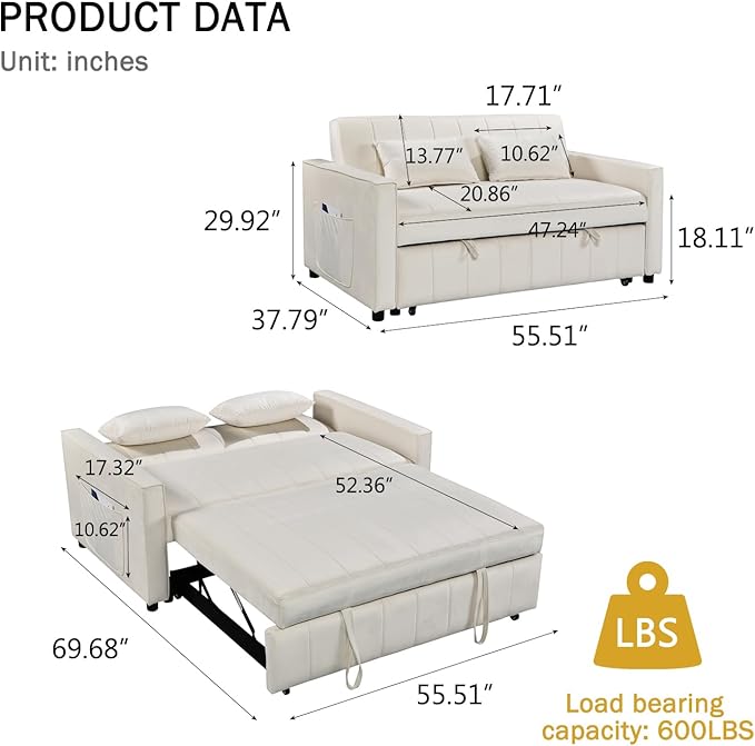 Convertible Sofa BedVelvet Sleeper Sofa Bed with Side Pockets 3 in 1 Pull Out Couch with Adjustable Backrest for Living Room Bedroom Apartment White
