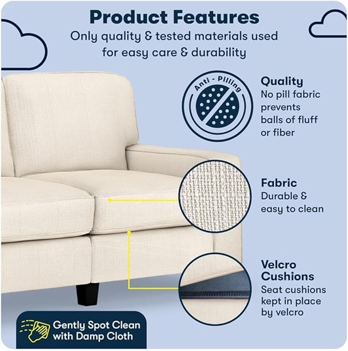 Pemberly Row 61 Track Arm Loveseat Sofa Buckwheat Polyester Removable Cushion Covers Compact Space-Saving Furniture Modern Classic Design for Small Apartments Living Rooms or Home Offices