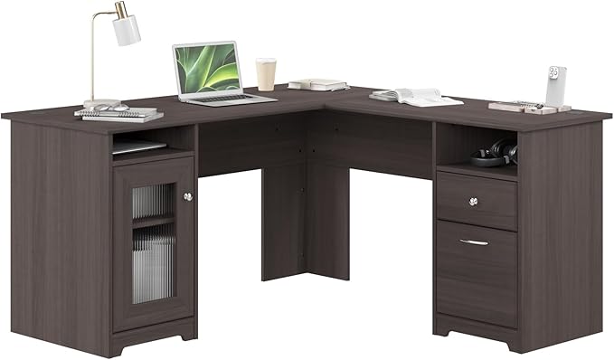 Bush Home Cabot 60W L Shaped Computer Desk with Storage in Heather Gray 60-inch Corner Table with Drawers for Home Office Workspace