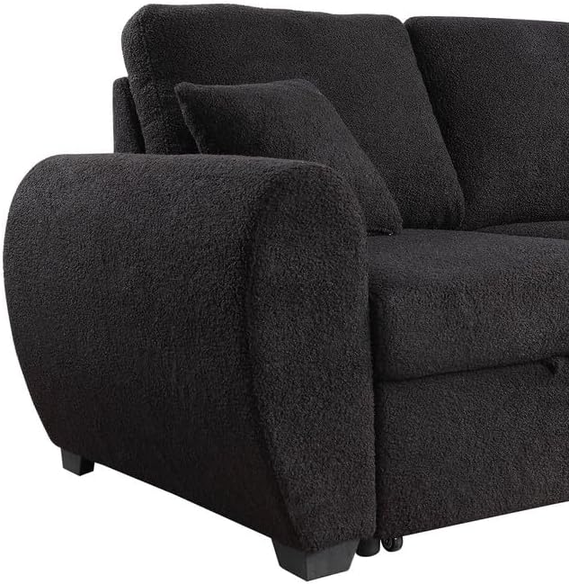Lilola Home Veronica 95-inch Black Teddy Fleece Reversible Sleeper Sectional Sofa with Storage Chaise – Pull-Out Bed 2 Throw Pillows Pocket Coil Seating Modern L-Shape Couch