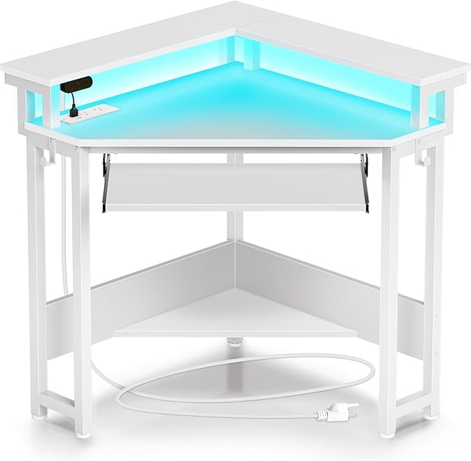 Rolanstar Corner Desk 44.5 W x 34.5 H Small Computer Desk with Power Outlets Gaming Desks with LED Lights Triangle Corner Table with Keyboard Tray &amp Monitor Stand for Small Space White