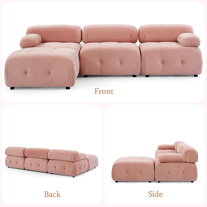 Modular Sectional Sofa 93 Velvet Sectional Cloud Couches for Living Room Modern L-Shaped Sofa DIY Combination Reversible Chaise for Bedroom Apartment Office (Pink Velvet)