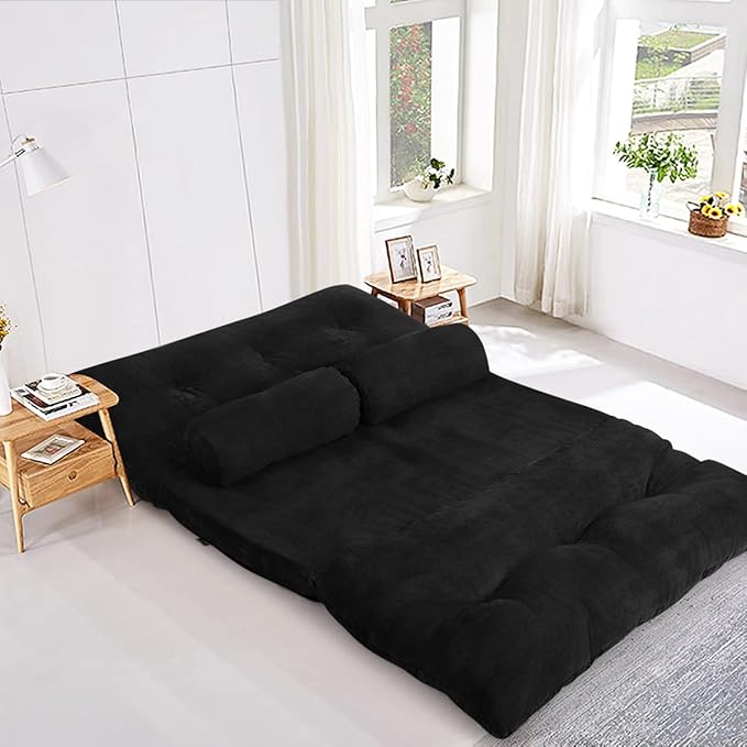 Giantex Adjustable Floor Sofa Couch with 2 Pillows Multi-Functional 6-Position Foldable Lazy Sofa Sleeper Bed Multi-Functional Suede Floor Seating for Reading Gaming (Black)