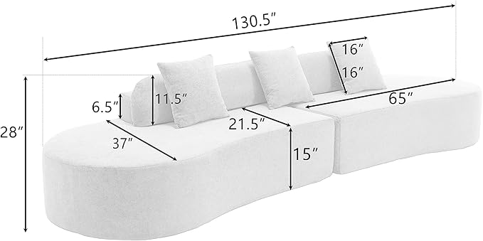 130.5 Oversized Curved Boneless Couch Modern Terrycloth Fabric Cloud Sectional Sofa Compression Sofas with 3 Pillows for Living Room Office No Assembly Required Beige