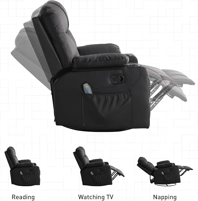 Bonzy Home Oversized Swivel Rocker Recliner 40 Rocking Recliner Chair with Heated and Massage PU Leather Single Sofa with Swivel Function 2 Cup Holders for Living Room Bedroom Black
