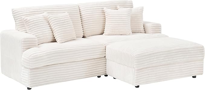 82 Inches Corduroy Square Arms Loveseat Sofa with One Storage Ottoman Comfy Deep Seat Modular Sectional Futon Couch with 4 Throw Pillows for Living Room Bedroom Office (White)