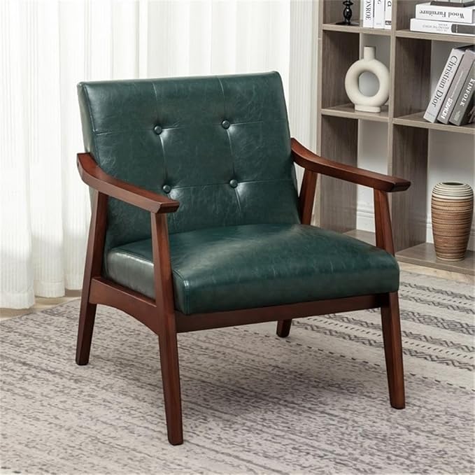 Pemberly Row Accent Chair 28.5 x 27.5 x 31 in Green Faux Leather Upholstery Solid Rubberwood Espresso Frame Button-Tufted Mid-Century Modern Seating for Living Room or Home Office