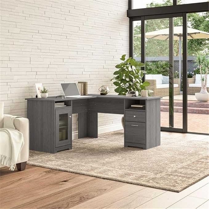 BOWERY HILL Traditional 60W L Shaped Computer Desk Modern Gray Finish Durable 200 lb Capacity Desktop Fluted Glass Door with Adjustable Shelf File and Box Drawers Home Office Desk with Storage