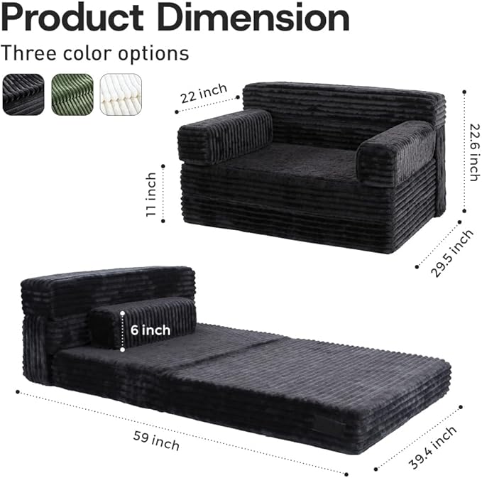 Folding Sofa BedConvertible Sofa Bed with Armrest Foldable Sleeper Chair Portable Folding 4-in-1 Floor Sofa with Convertible Lounge Chair for Living RoomBedroomWashable CoverBlack Single