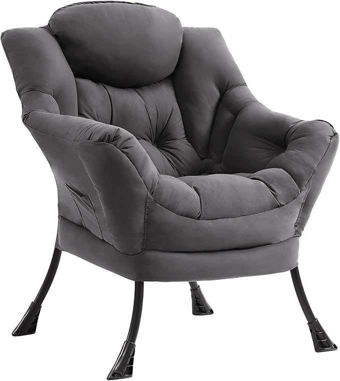Lazy Chair Modern Accent Chair with Armrests Side Pocket &amp Metal Frame Comfy Leisure Chair for Living Room Bedroom Dorm &amp Office Dark Grey
