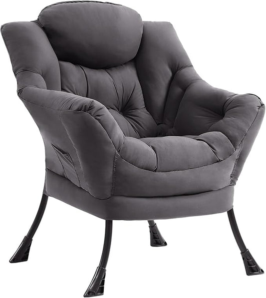 Lazy Chair Modern Accent Chair with Armrests Side Pocket &amp Metal Frame Comfy Leisure Chair for Living Room Bedroom Dorm &amp Office Dark Grey