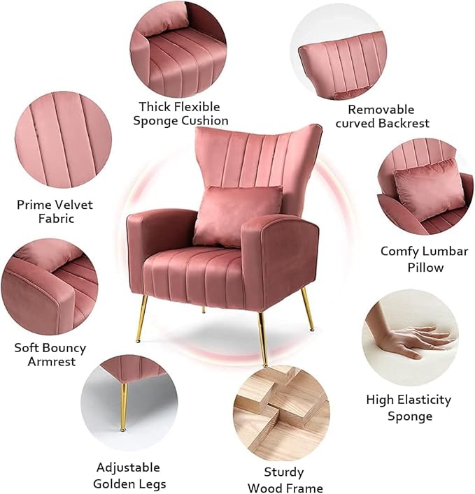 Velvet Accent Chair for Living Room Bedroom Modern Arm Chair with Wingback &amp Gold Metal Legs Lumbar Pillow Included Blush Pink