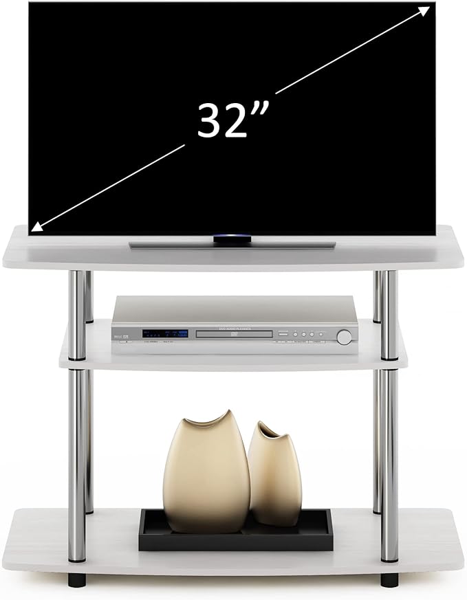Furinno Turn-N-Tube No Tools 3-Tier Entertainment Center TV Stand for TV up to 32 Inch with Stainless Steel Tubes White Oak/Chrome