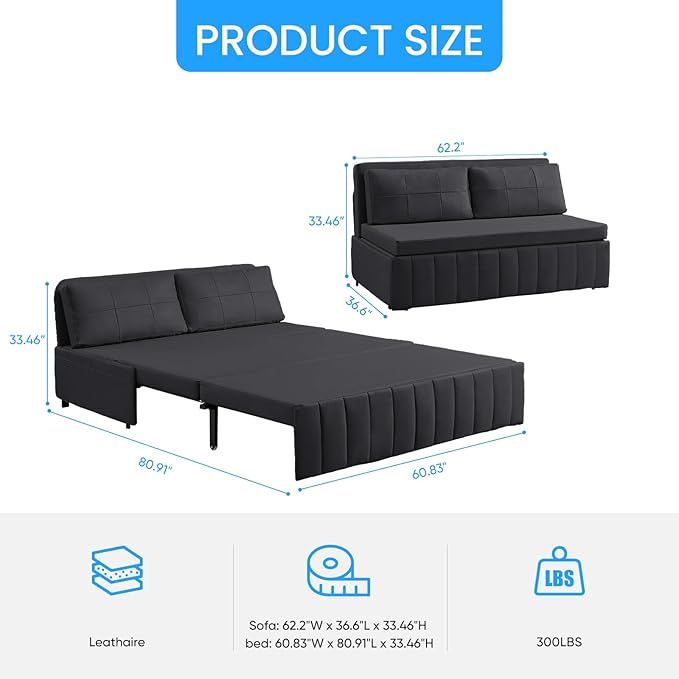PUREMIND Queen Pull Out Sofa Bed 3 in 1 Convertible Sleeper Sofa Couch with Pull Out Bed Modern Armless Loveseat Couches Foldable Sleeper Couch Bed for Living Room Guest Room