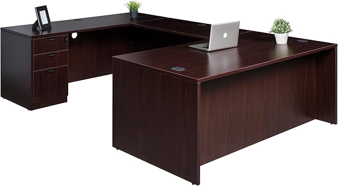 Boss Office Products Holland 66 Executive U-Shape Desk with File Storage Pedestal Mahogany