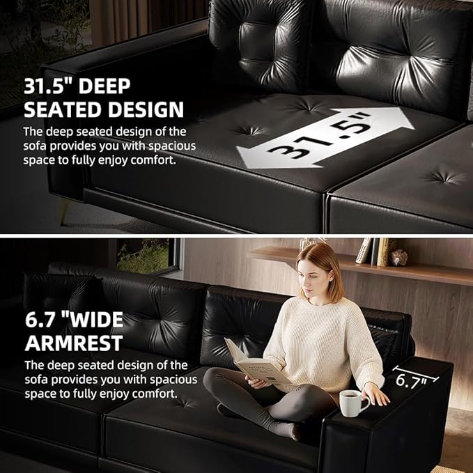 KEIKI 92.1 King Size Pull Out Sofa Bed 3-in-1 Faux Leather Convertible Sleeper Clouch with 2 Pillows 4-Seater Sofa Bed for Living Room Apartment Office Black