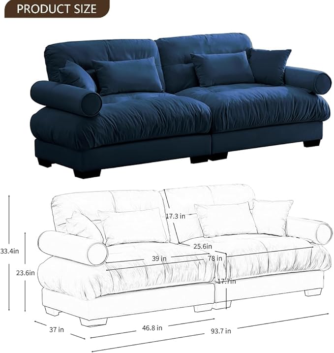 Luxury Loveseat Sofa CouchOversized Love seat Sofas with Waist Pillows and Throw PillowsComfy Velvet Deep 2-Seat Cloud Couch with Bolstered ArmrestsComfy Cloud Couches (Blue 93.7”)