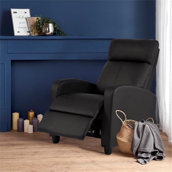 BOWERY HILL Modern Faux Leather Massage Recliner Chair Black Finish 8 Massage Functions Soft Padded Seat and Back Manual Push Back Comfortable Relaxation Living Room Seating Steel Frame