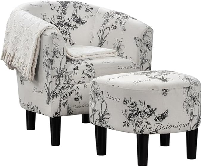 Pemberly Row Accent Chair with Ottoman White Polyester Fabric with Black Botanical Print High-Density Foam Cushions Solid Rubberwood Legs Barrel Design for Living Room or Small Space Use