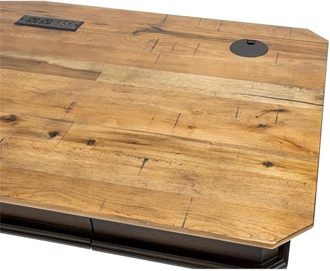 Pemberly Row Executive Writing Desk 54 in Wood Top Brown Finish Antique Bronze Hardware Dropfront Keyboard Drawer USB/AC Power Center Finished on All Sides Home Office Desk