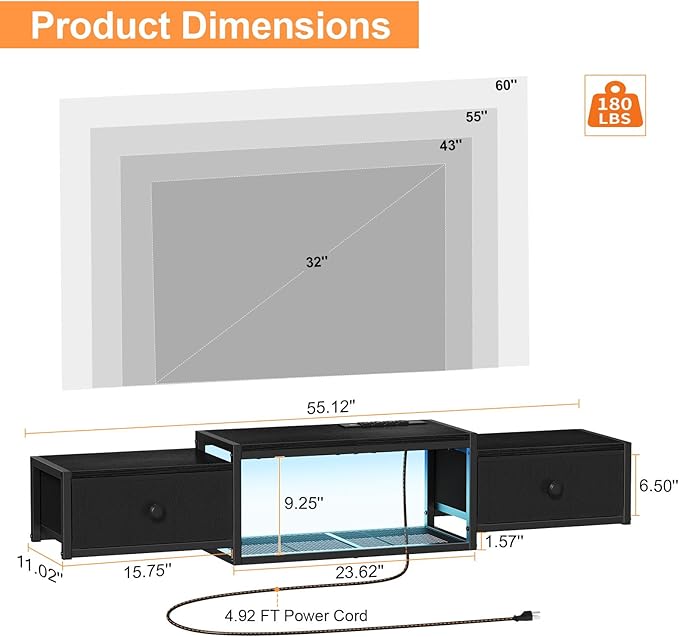 Snughome Floating TV Stand Wall Mounted with Power Outlet 55 Floating Entertainment Center with LED Lights Floating TV Shelf with Drawer Wall Mounted Media Console Shelf for Living Room Bedroom
