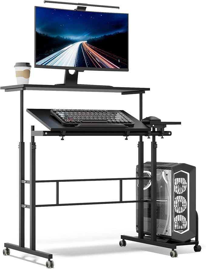 Athena Collection Height-Adjustable Mobile Laptop Stand Cart with CPU Holder Rolling Sit-Stand Desk Workstation for Home Office Black