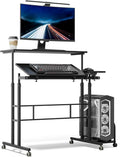 Athena Collection Height-Adjustable Mobile Laptop Stand Cart with CPU Holder Rolling Sit-Stand Desk Workstation for Home Office Black