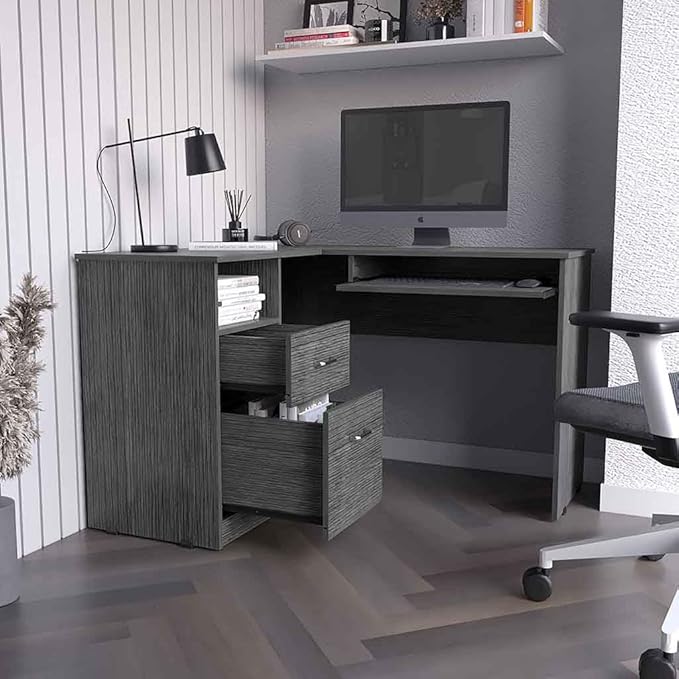 L-Shaped Corner Desk with Keyboard Shelf Smokey Oak Gray - Compact Home Office Workspace