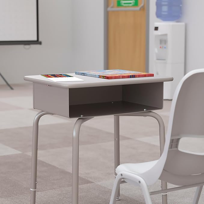 Flash Furniture Billie Student Desk - Gray Granite Open Front School Desk - Silver Metal Frame - 24W x 18D Adjustable Height Durable for School or Remote Learning